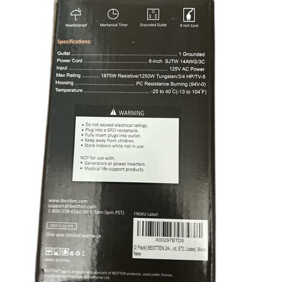 BESTTEN Outdoor 24-Hour Timer, 2 Grounded Outlets, 6-Inch Heavy Duty Power Cord - Picture 4 of 6